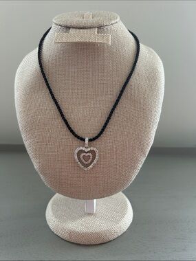 Vintage Double Heart Rhinestone Necklace with Black Twisted Cord